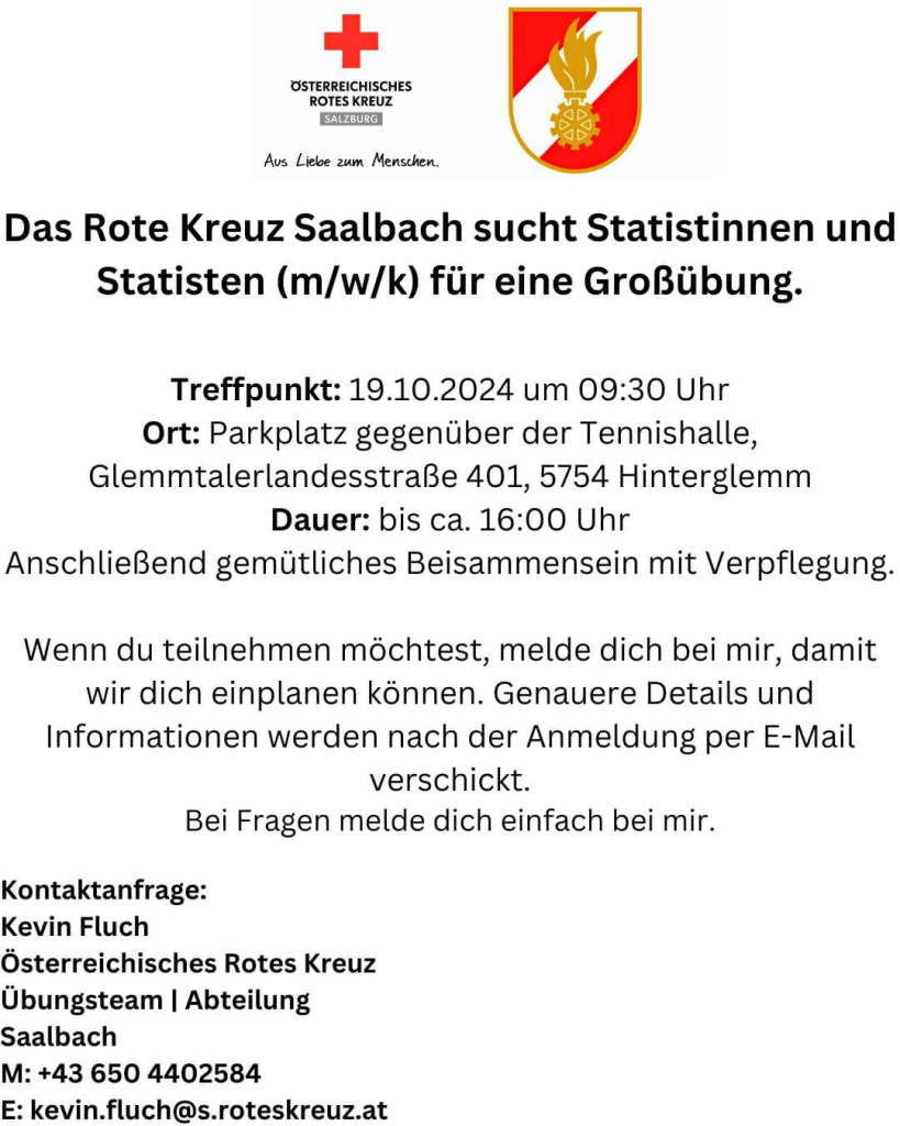 Rotes Kreuz Saalbach sucht Statisten für Großübung am 19.10.2024, Treffpunkt Hinterglemm
