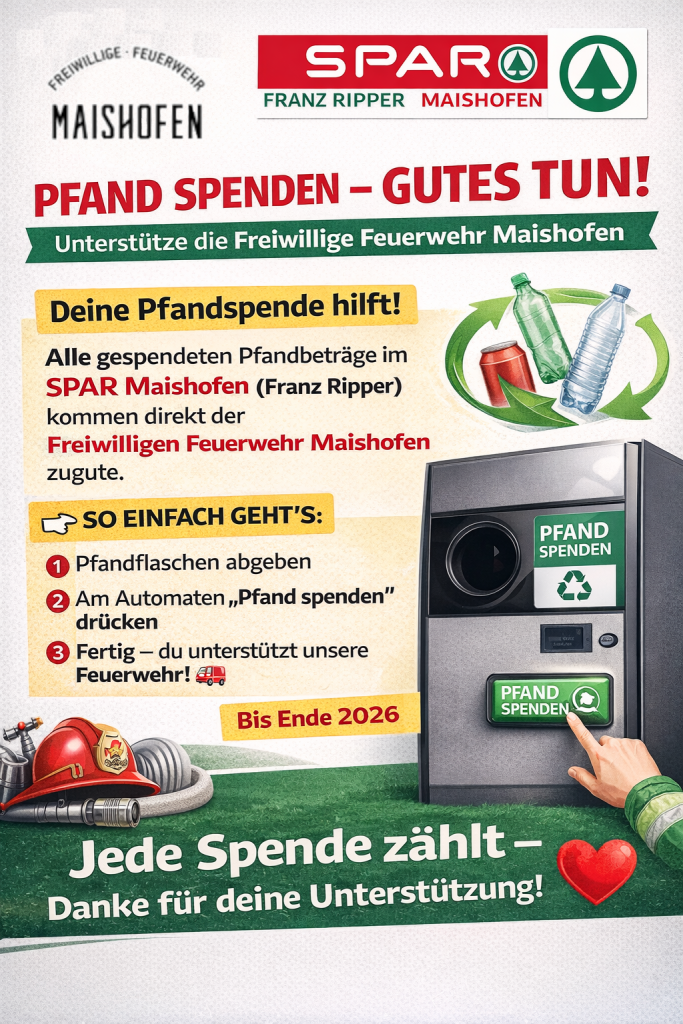 Plakat zur Pfandspende für die Freiwillige Feuerwehr Maishofen bei SPAR Maishofen bis Ende 2026